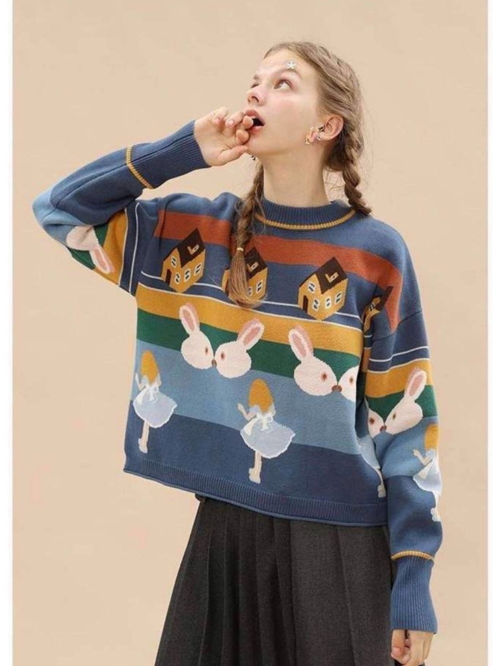 Kina & Tam Alice in Wonderland Blue Rabbit cropped boxy Knit Sweater medium